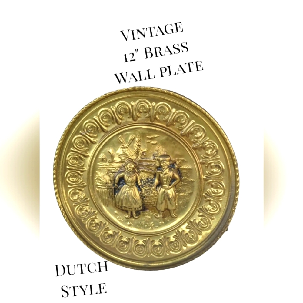 Vintage Old World BRASS DUTCH Wall Hanging Plate 12" Antique Look 1950's